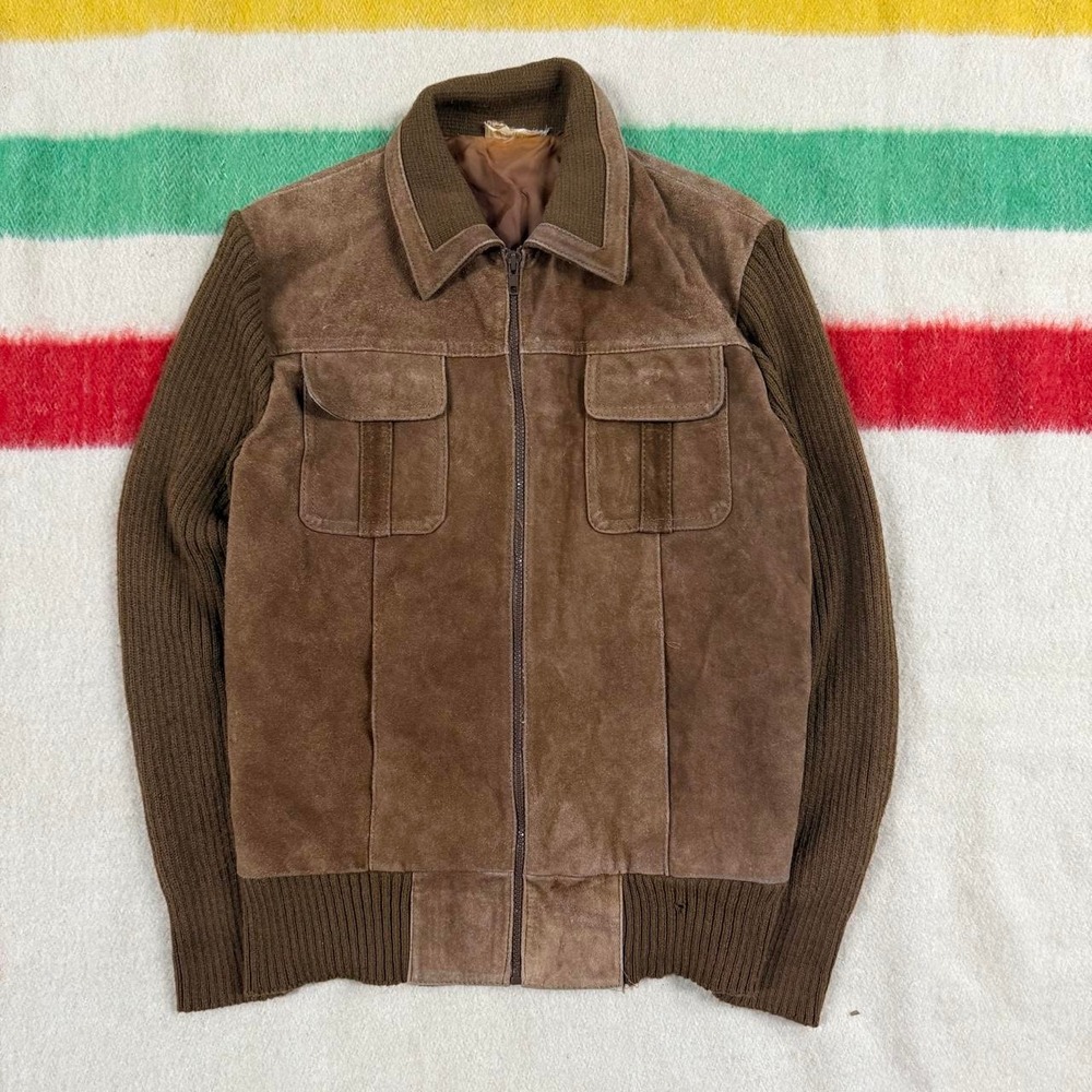 Vintage 70s Sears Suede Leather Zip Up Jacket Sweater Brown Mens Small